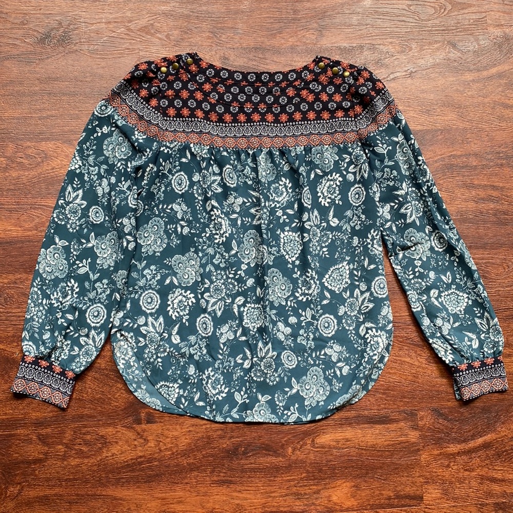 LOFT Teal Floral Yoke Blouse with Black & Rust Accents